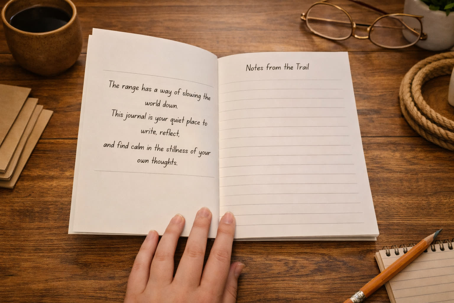 An inner spread titled Notes from the Trail, with lined pages and quiet prompts.