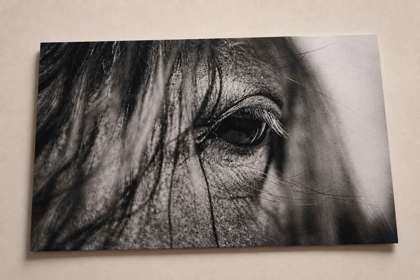 An unframed fine art print of a horse's eye, lying flat on a light surface.