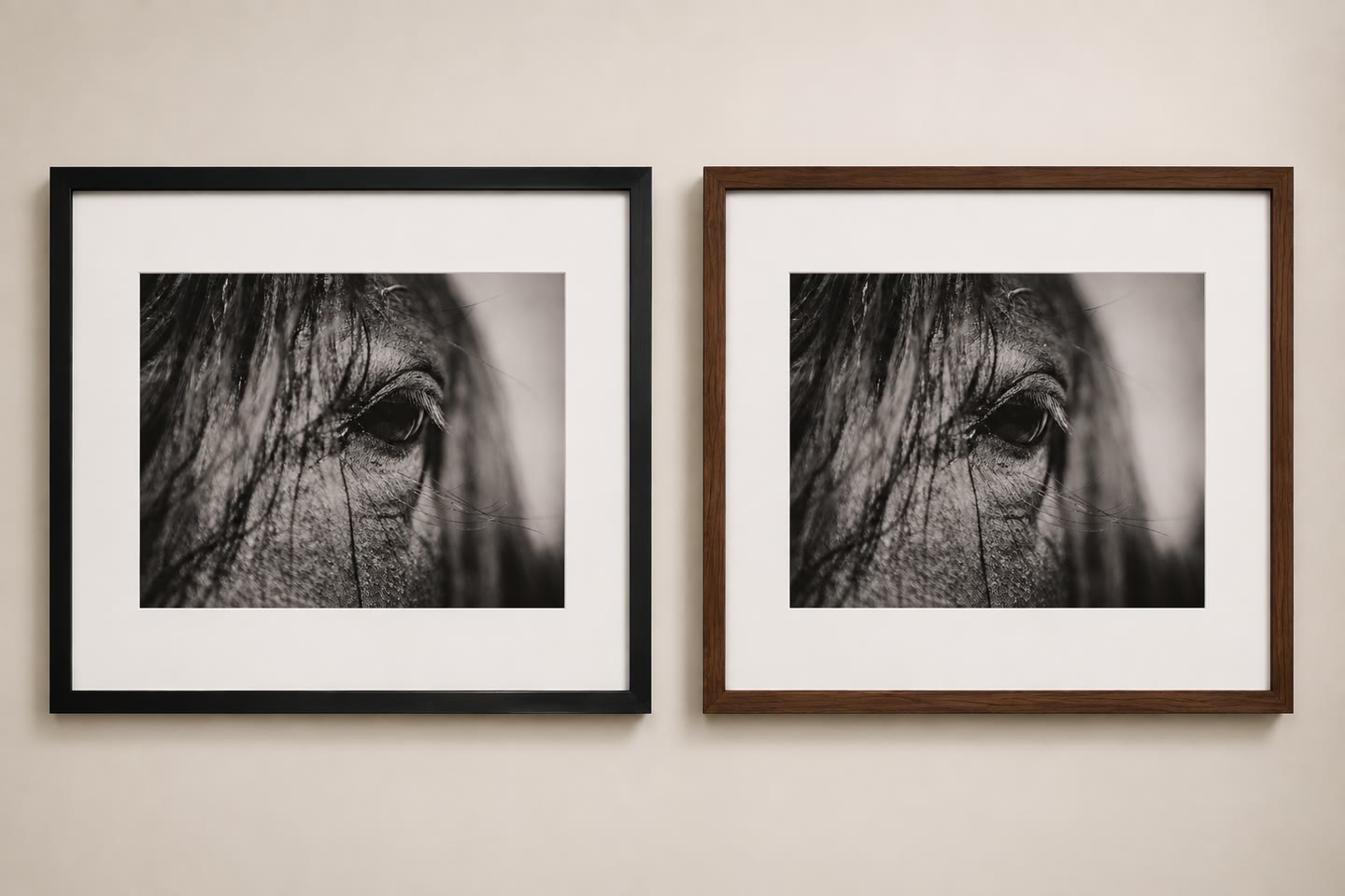 Two framed fine art prints of a horse's eye: a matte black frame and a walnut frame, both with wide off-white mats.